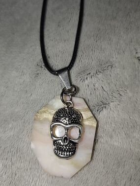 Silver Skull Pendant on Pink-White Stone Necklace - Handmade Jewelry